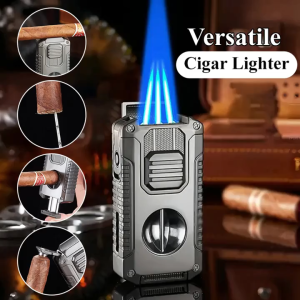 New Deluxe Cigar Lighter with V Shape Knife Cigar Holder Dual Nozzle Flame Butane Refillable Torch Lighter Smoker Gift
