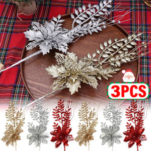 Polocat 3Pcs Glitter Pagoda Tree Leaf Christmas Flowers Poinsettia Branch for Xmas Tree Garland DIY Christmas Decoration