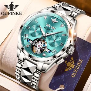 OUPINKE watch for mens original 2023 top hollow luxury swiss imported automatic mechanical movement stainless steel strap waterproof dual calendar feels comfortable fashionable mens mechanical watches