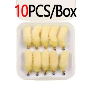 Bimoo 10PCS/Box #7 Brass Bead Head Mop Fly Artificial Crane Fly Caddis Larva Wet Nymph Fly For Trout Grayling Fishing Lures Bait