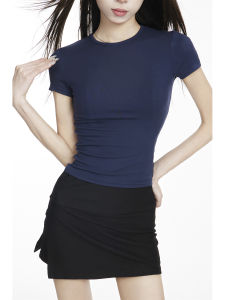Basic Pure Color Womens Short Sleeve T-shirt Set Slim Fit Casual Crewneck Top and Black Half Length Skirt