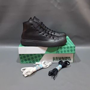 HAWN - SEPATU HARA HIGH FULL BLACK KULIT 36-43 SNEAKERS KULIT HITAM POLOS