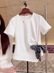 Elegant White Short Sleeve T-Shirt Womens plus Size Butterfly Knot Tie Top Summer New Style Korean Loose Fit Solid Color