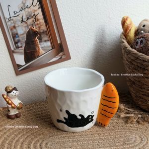 Cute Black Cat Ceramic Mug with Fish Shaped Handle