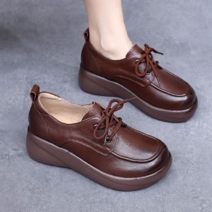 Leather Thick Bottom Single Shoes Womens New Style Spring Autumn Comfortable Slope Heel Platform Casual Leather Shoes