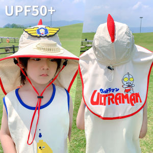 Childrens 2025 Ultraman Sun Protection Hat with Fan Large Brim Summer Sunshade Shoulder Length Boys Girls Cartoon Style Outdoors