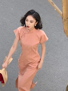Pink Qipao Young Girl Vintage Style High Slit Daily Wear Polyester Fiber Short Sleeve Long Qipao for College Students
