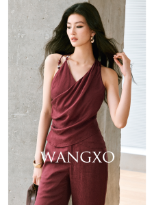 WANGXO | Áo Vòng Cổ Halter Có Đính Hạt Dây Nịt Ép Eo Không Tay Quần Ống Rộng Thun eo Cao
