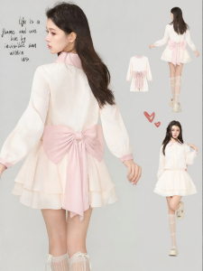 KEIKO | Shimmer Sweet Cool Style Pink Bow Dress Fall
