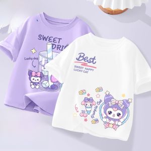 Girls Short Sleeve Cotton T-Shirt Summer New Style Children Short Top Small Medium Children Clothing Cartoon Print Casual Loose Fit