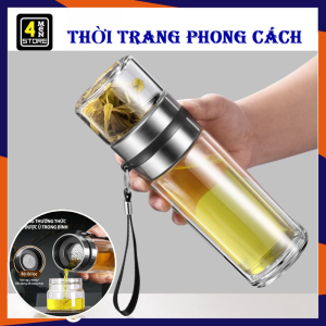 Bình Pha Trà Thủy Tinh 450ML Có Lưới Lọc Trà Inox Không Gỉ Cao Cấp - Chai Thủy Tinh 2 Lớp Pha Trà Cách Nhiệt Kèm Quai Xách Tiện Lợi