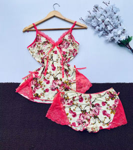 เซ็กซี่พิมพ์ Hollow Out Camisole Nightgown สําหรับชุดนอนสตรีสไตล์ V คอผ้าโพลีเอสเตอร์น้ําหนักเบาชุดนอนฤดูร้อน