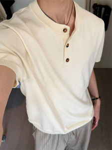 ZHUOCAN | Hemmed Short Sleeve Henley Collar Knit Polo Shirt