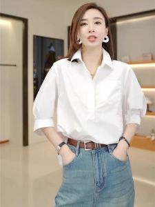 SHIMO | Stylish Niche French Short Sleeve White Women Shirt