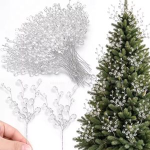 50/10Pcs Acrylic Floral Crystal Stems for Christmas Tree Clear Bead Drop Flower Branch Picks Crafts Decorations for Xmas Party DIY Gifts
