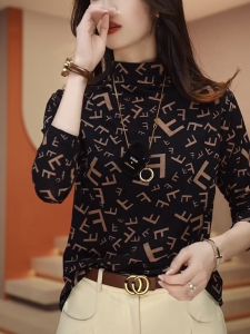 Taiwanese Silk Long Sleeve Printed Base Shirt Thickened Half High Collar Autumn Winter Floral T-Shirt for Women Moisture Wicking