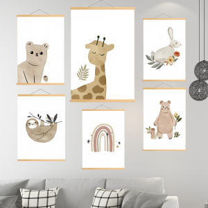 Boho Animals Elephant Giraffe Bear Sloth Rabbit Wood Hanging Scroll Painting Wall Art Canvas Painting Pictures Kids Room Decor