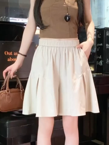 2025 Ice Silk Workwear Shorts Women Summer Thin Loose Elastic High Waist Slimming Wide Leg Pants Commute Korean Style Five-Quarter Length