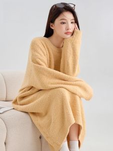 MiiOW | Bộ đồ ngủ lông cừu dày dặn siêu mềm MiiOW dành cho nữ mùa thu đông 2025 Áo ngủ dài tay màu trơn thoải mái mặc nhà