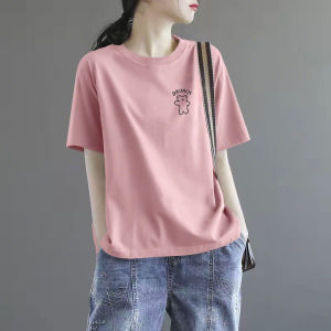 LINGLONGDAI | Pure Cotton Pink Short Sleeve Round Neck T-Shirt Women Summer Loose Slimming Casual Style Versatile Base Shirt Trendy Brand
