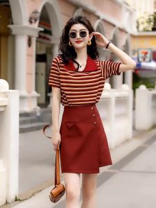 Red Striped Polo Neck Knitted Sweater High Waist A-Line Skirt Set Womens Fashion Autumn 2024 Polyester Blend Ensemble
