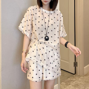 Shalldoer | Casual Loose Short Sleeve Round Neck Polka Dot Set Womens Summer Design Sense Lazy Feel T-Shirt And Shorts Two-Piece Suit