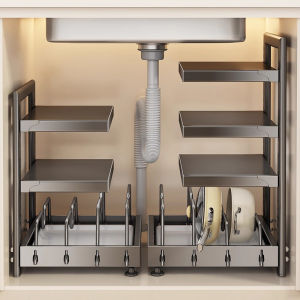 Multi-Layer Pot Holder Rack Adjustable Kitchen Sink Storage Shelf Metal Floor-Standing L-Shaped Rectangular Pot Stand