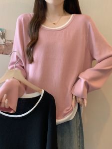 plus Size Color Block round Neck Knitted Sweater Loose Long Sleeve Base Layer Inner Wear Autumn Winter Fat MM Meat Concealing Slimming