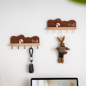 Creative Entrance Key Storage Rack Wall Mounted Decorative Hook No Drilling Required Wooden Material High Load Bearing Capacity