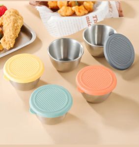 Mini Leak-proof Seasoning Box with Lid 80ml Reusable Stainless Steel Cup Dipping Sauce Cups Condiment Containers  ﻿