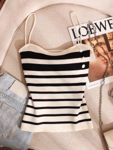 Áo Ba Lỗ Dệt Kim Ôm Vừa Vặn Cho Nữ Mùa Hè 2025 Áo Ba Lỗ Hở Lưng Cổ Chữ V Tay Dây Mỏng Màu Khối Sọc Cổ Điển