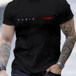 Mens 100% Cotton Summer Loose PARIS Creative Letter Print Casual Slim Fit Round Neck Short Sleeved T-shirt Top
