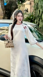 Áo dài cách tân gấm tơ Long Phụng dáng suông cổ tròn tay lỡ cúc hoa nơ đẹp – Áo Dài Ngọc Mai