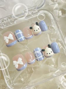 Sweet Cute Cartoon Pachat Dog Ice Blue Milk Short Handmade Wearable False Nails White Enhancing Finished Product Nail Tips