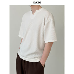 Loose Short Sleeve V-Neck Mens T-Shirt DAZO Stripe Design Comfortable Half Sleeve Korean Style Trendy White Casual Top