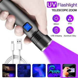 UV 395NM Flashlight Rechargeable UV Zoomable Torch 3 Modes Camping Ultraviolet Flashlights for Pet Stacks Fluorescent Detection