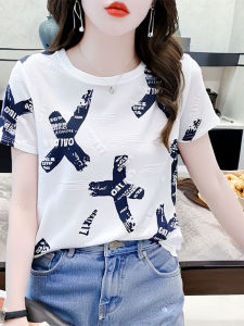 เสื้อยืดคอกลมแขนสั้นผ้าฝ้ายหลวมสไตล์เกาหลีสำหรับผู้หญิงในช่วงฤดูร้อนปี 2025 เสื้อผ้าทำงานสไตล์เกาหลีที่สวมใส่สบายและมีสไตล์สำหรับผู้หญิง