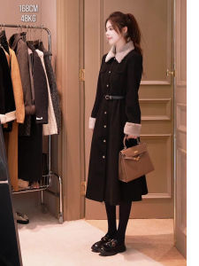 Zhang Yuan Yi Womens Fashionable Black Woolen Coat Autumn Winter High Waist Flap Collar Warmth Fitting Large Coat