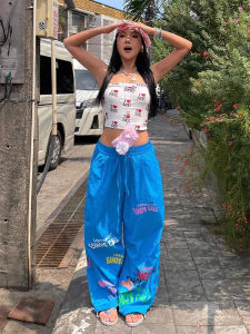 Dopamine American High Street Creative Letter Print Drawstring Wide Leg Pants Women Summer Loose Slimming Casual Paratrooper Pants