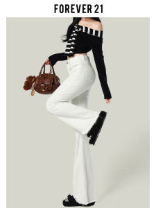 Forever 21 White Slim Fit Bell Bottom Denim Jeans High Waist Frayed Edge American Style Hot Girl Long Pants Womens Fashion