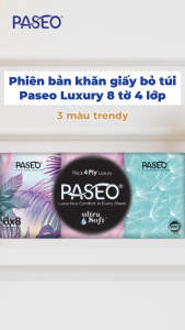 Thùng 18 Lốc Giấy Lau Mặt Paseo Luxury 8 Tờ (4 Lớp) - Phù Hợp Kể Cả Da Nhạy Cảm - Không Bột Giấy Thừa Trên Da