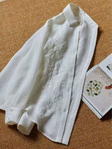 Loose Fit Long Sleeve Embroidered Polo Collar Womens Shirt Spring Autumn White Stitched Top Korean Style Casual Business Wear