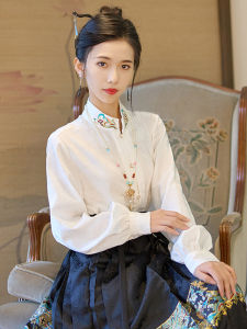 Elegant Chinese Style Womens Shirt Long Sleeve Stand Collar Embroidered Button up White Cotton Fashionable Office Wear