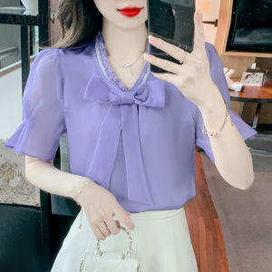 Ammin 2023 thời trang mới mùa hè Sequined Đính Cườm V-Cổ đính nơ Ngắn Tay Áo voan Cho Phụ Nữ phong cách Hàn Quốc đơn giản màu trơn tay áo loe áo blouse thanh lịch