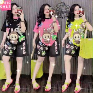Casual Sets Terno for Women Korean Fashion Summer New Cartoon Print Short Sleeve Short Wide Leg Pants Sports Black/Pink/Green