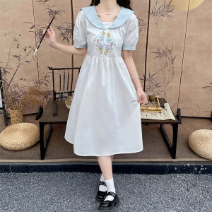 ชุดเดรสฤดูร้อนสไตล์จีนสำหรับนักเรียนมัธยมต้นและมัธยมปลาย ชุดเดรสยาวปานกลางผ้าโพลีเอสเตอร์ แขนยาว กระโปรงทรงเอ คอปกสีพื้น