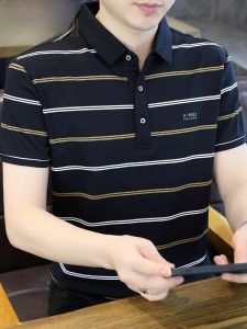 HENGYUANXIANG | Hengyuanxiang Color Block Polo Shirt Short Sleeve Mens Casual Striped Half Sleeve Top Dad Clothes Standard Fit Fashion Urban Style Breathable Thin Polyester Cotton Blend Summer New Arrival