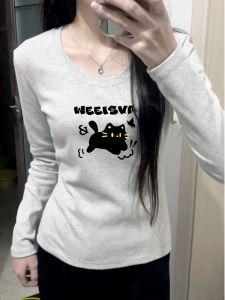 Áo Thun Dài Tay in Hình Mèo Hàn Quốc Thời Trang Xuân Mới Thanh Lịch Ôm Vừa Vặn Áo Thun Nữ Chất Liệu Cotton Thường Ngày