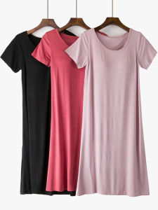 Esinger ผู้หญิงฤดูร้อนบาง Nightgown หน้าอก Pad แขนสั้นชุดนอน One- Piece Casual Home Crewneck Dress