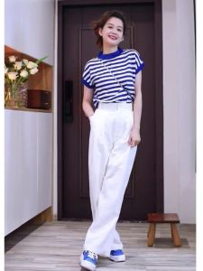 Blue Striped Ice Silk Knitted Short Sleeve T-Shirt Womens Summer New Style Preppy Thin Head over Shirt round Neck Asymmetrical